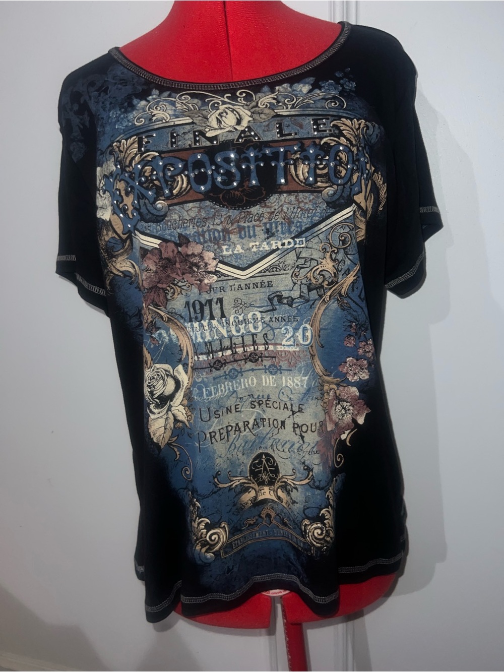 NWT Vintage Y2K Blue Canyon Graphic Tee Rhinestone Ornate Renaissance Sz 1X